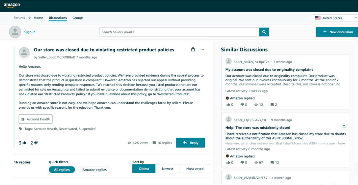 亚马逊论坛上一些商家对于封店的申诉