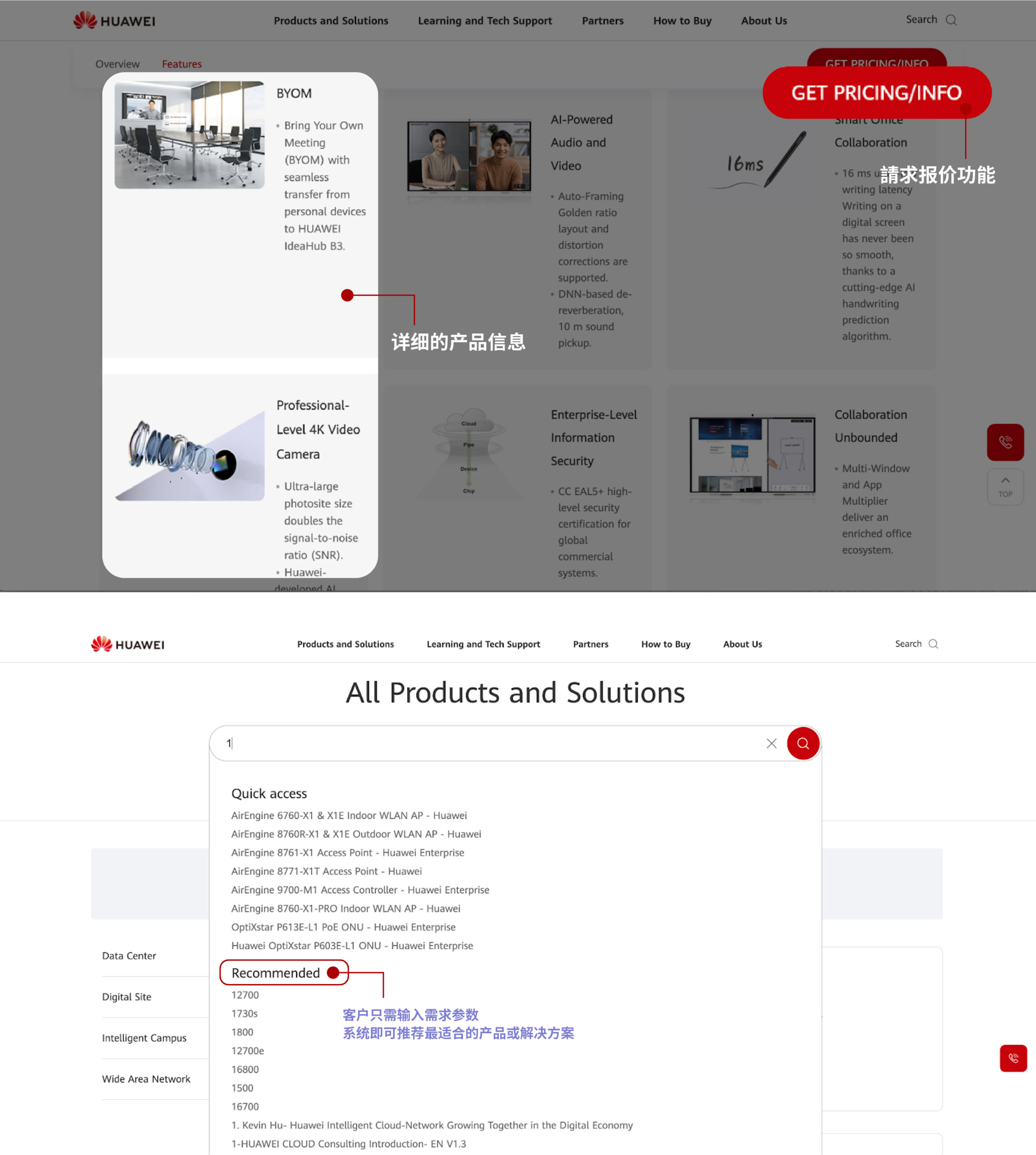 华为详细的产品信息和请求报价功能